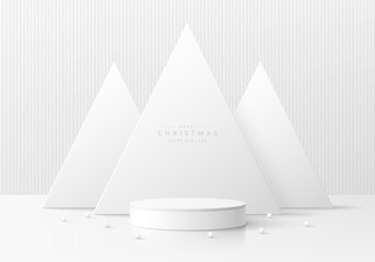 3D white cylinder pedestal podium background with white christmas tree in triangle shape. Mockup product display presentation. Abstract minimal scene. Stage showcase. Platforms vector geometric design