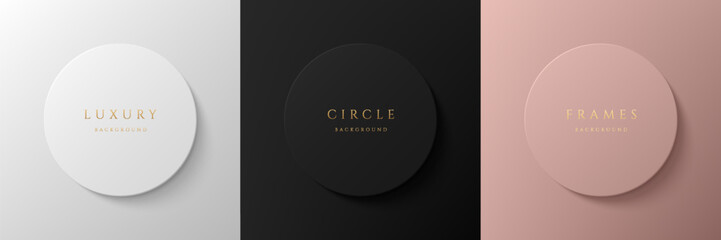 Set of 3d silver, black and pink gold circle frame neumorphism minimal style. Collection of luxury trendy color geometric background with copy space. Top view scene of podium. Vector illustration.