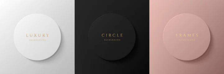Foto op Plexiglas Set of 3d silver, black and pink gold circle frame neumorphism minimal style. Collection of luxury trendy color geometric background with copy space. Top view scene of podium. Vector illustration. © JE48