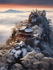 view mountain pagoda few clouds magical white fog winter consumer electronics world awards adventurer secluded land formations empress swirling gardens stunning