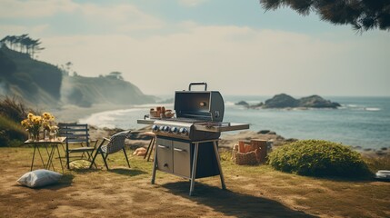 BBQ grill barbecue picnic recreation on the beach. - obrazy, fototapety, plakaty