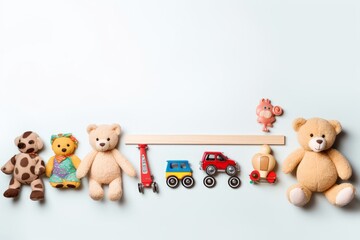 a top vie flat lay background border of children's or pet's toys stuffed animals and miniature cars on a pastel off-white background with negative copy space - obrazy, fototapety, plakaty