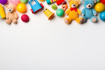 a top vie flat lay background border of children's or pet's toys stuffed animals and miniature cars on a pastel off-white background with negative copy space - obrazy, fototapety, plakaty