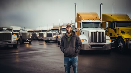 Trucker Standing In Front Of Truck Fleet.  (Generative AI). - Powered by Adobe