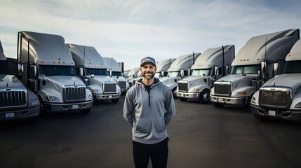 Trucker Standing In Front Of Truck Fleet.  (Generative AI).