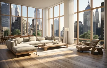 Fototapete Empire State Building Spacious and Bright Living Room with Panoramic City View