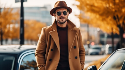 Spring - autumn outfit. Street fashion. Adult man in hat, sweater and wool coat.