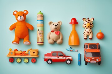 a top vie flat lay background of children's or pet's toys stuffed animals and miniature cars on a pastel blue background - obrazy, fototapety, plakaty