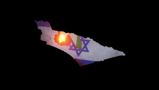 3D illustration of Palestine and Israel on map and flag with rocket effect. black background.