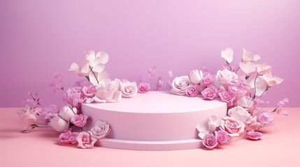 Natural beauty podium backdrop in pink flowers rose. Scene stage showcase. Nature minimal pedestal for beauty, cosmetic product presentation. 3D rendering 