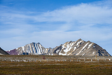 Historic graveyard outside Ny Alesund, Svalbard in the arctic summer with graphic rocky and snowy...