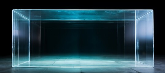 Transparent rectangle cube glass stage for showcase on dark background. Generative AI technology.