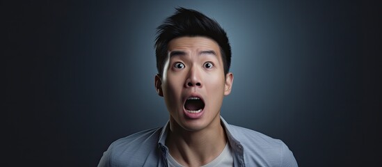 Late awakening caused Asian man to miss appointment, expressing shock on his face.