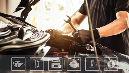 Hand auto mechanic using the wrench to repairing car engine problem with service icons of check and...