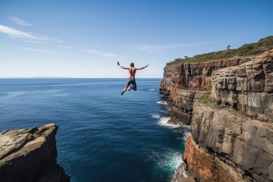Ocean Leap: Thrill-Seeker Jumping from a High Cliff into the Sea © Exotic Escape