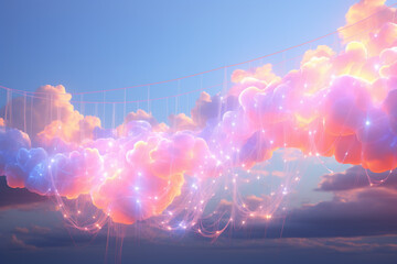 Graphic resources, festive concept. Glowing neon string surreal colorful garlands in clouds foggy dark background with copy space. Vivid glowing colors, wave or light trail painting pattern