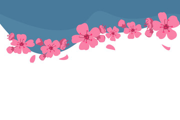Beautiful Pink cherry blossom in blooming in blue and white background with copy space. Vector illustration.