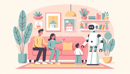 Obraz na płótnie Canvas Family with children and robot at home illustration. Mother, father and son sitting on sofa and talking with robot.