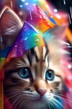 A Dreamy Cat Wearing A Rainbow Umbrella And Getting Caught In The Rain. Generative AI