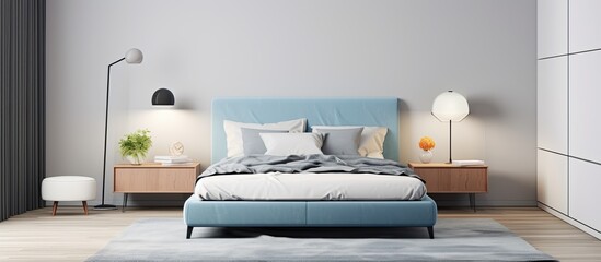 Modern minimalist style small bedroom with light colors and a large bed adorned with a blue blanket.