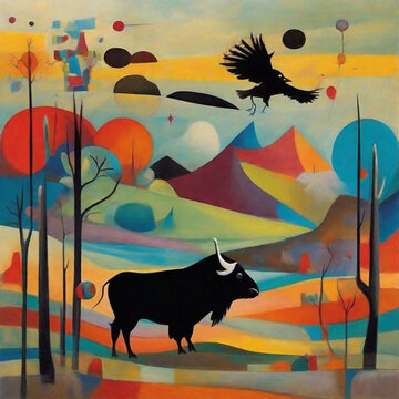 Colorful cartoon drawing of a buffallo and a crow