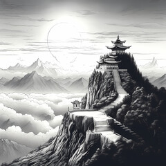 Temple Illustration Top Of Mountain