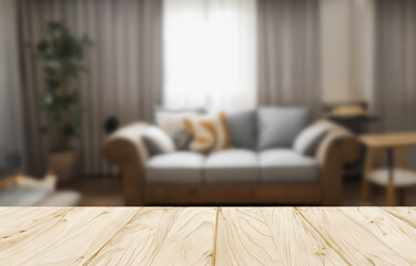 Empty wooden table in front Beautiful blur living room 