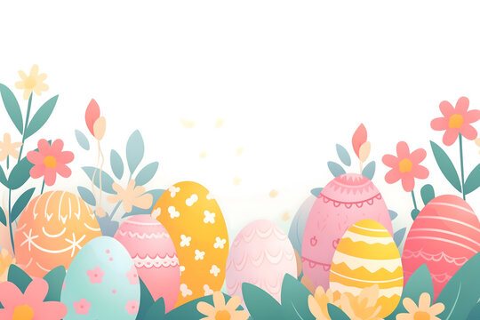 easter card, easter bunny with eggs, easter eggs and flowers, easter eggs in a basket, easter eggs and flowers on a white background, easter wall paper and background for social media