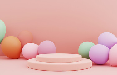 Fototapeta premium Minimal product podium stage with multicolor pastel color balloons 