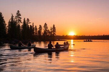 People canoeing on a calm lake with a backdrop of a sunset