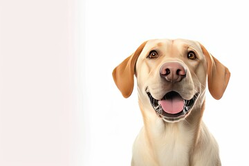 Adorable labrador retriever. Studio portrait of cute and playful brown dog. Isolated on white background purebred puppy captivates with its friendly expression happy eyes and tongue playfully - obrazy, fototapety, plakaty