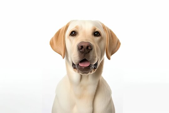Adorable labrador retriever. Studio portrait of cute and playful brown dog. Isolated on white background purebred puppy captivates with its friendly expression happy eyes and tongue playfully