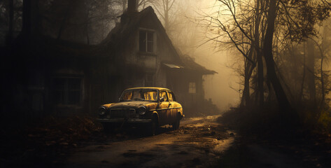 car in the woods, moody image dawn breaks on an abandoned house car