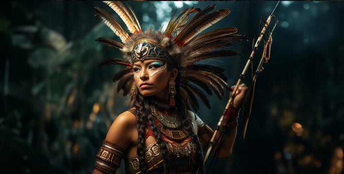 portrait of a person with a sword, a female mayan warrior holding a bow and arrow