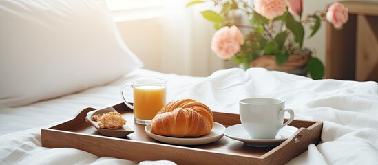Hotel room with wooden interior, white linen tray breakfast in bed. - obrazy, fototapety, plakaty
