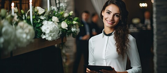Smiling event organizer with clipboard near couple in banquet hall with white floral decor.