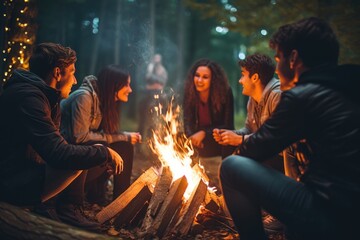 Starry Night Campfire: A group of friends sharing stories around a campfire under a star-filled sky - obrazy, fototapety, plakaty