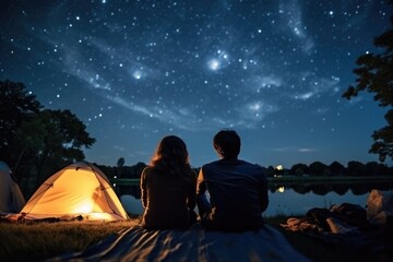 Stargazing Retreat: Two people enjoying the night sky's galaxy view by the lakeside campground