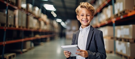 Joyful father and son discussing future plans for their business while touring their warehouse with tablet and documents. - obrazy, fototapety, plakaty