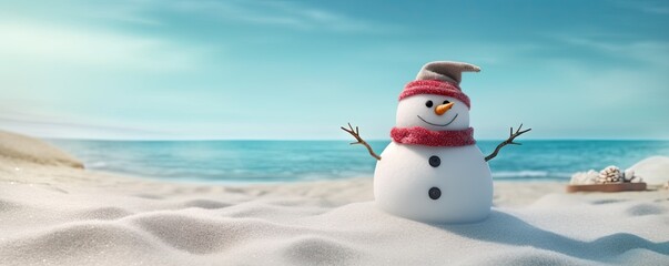 Sunny christmas delight. Snowman on sandy beach wearing santa hat smiles against blue sky and ocean. Unique and humorous holiday image brings together festive spirit of xmas with warmth of tropical