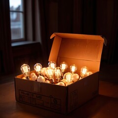 Bright lightbulbs stored in cardboard box, indicating storage and supply of creative ideas