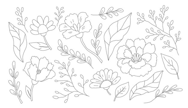 Set of cute abstract hand-drawn flowers and leaves. Black and white vector illustration.