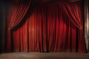 Worn stage curtains, downstage and main valance of theatre