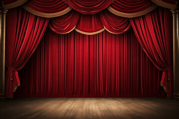 Classic illustrated stage curtains, downstage and main valance of theatre
