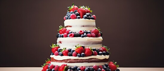 Berry-decorated three-tiered wedding cake.