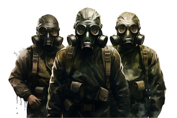 Soldiers with gas masks isolated on a white transparent background. Generative Ai.