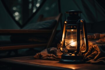Fototapeta na wymiar A peaceful camping setup with a lit lantern