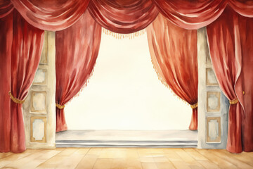 Water color illustration of stage curtains, downstage and main valance of theatre - obrazy, fototapety, plakaty