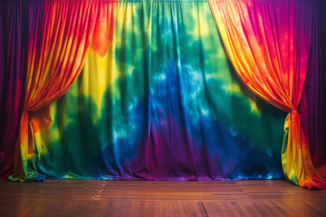 Tie dyed stage curtains, downstage and main valance of theatre