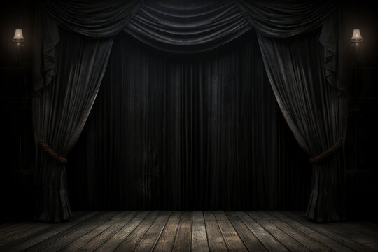 Dark gloom stage curtains, downstage and main valance of theatre